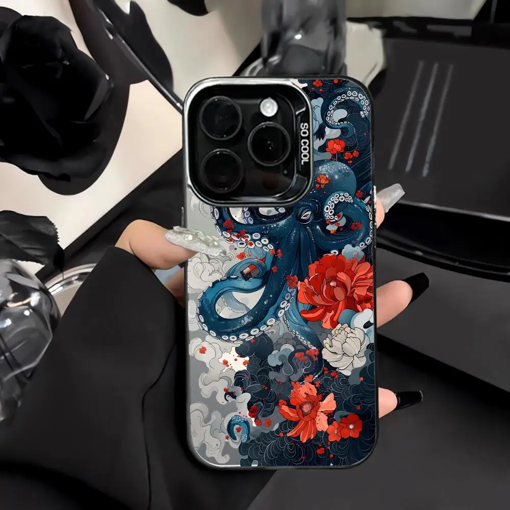 

Japanese Octopus and Waves Phone Case Shockproof and Anti Slip Frosted Suitable for iPhone 16 15 14 13 12 11 Pro Max Plus Mini