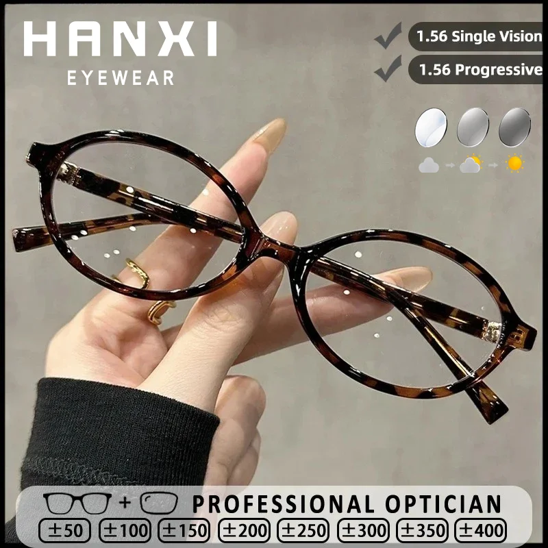 HANXI Retro Oval Small Frame Myopia Glasses Women Blue Light Blocking Progressive Photochromic Prescription Custom Reading Glass