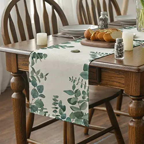 

Eucalyptus Leaves Linen Table Runner Home Decoration Seasonal Spring Summer Green Holiday Dining Table Runner Party Decoration