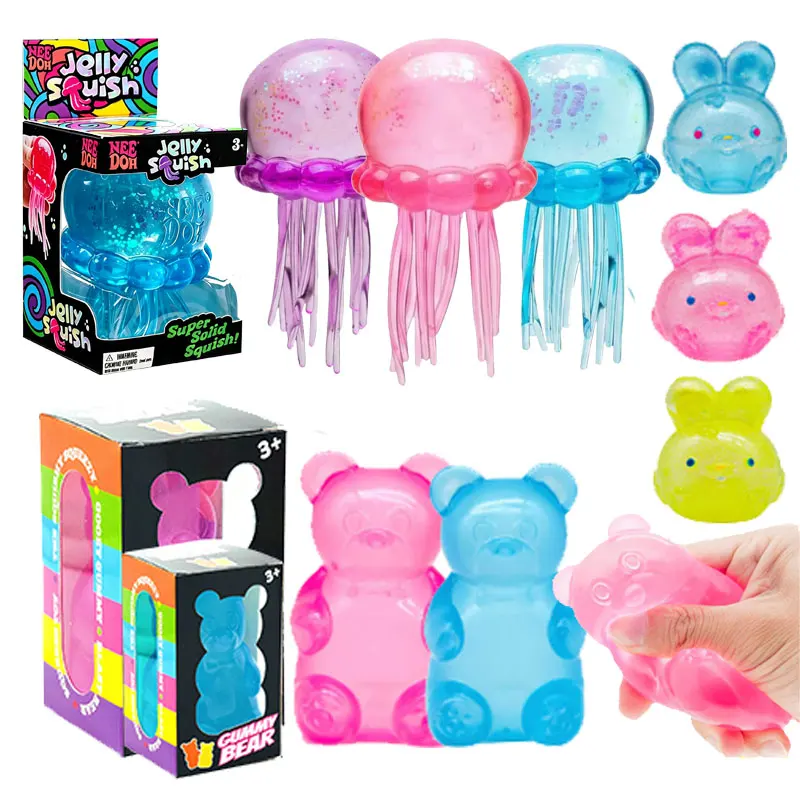 Needoh Transparent Jelly Jellyfish Octopus Squeeze Toy Soft Bear Rabbit Resist Anxiety Relief Autism ADHD Focus Calming Toy Gift