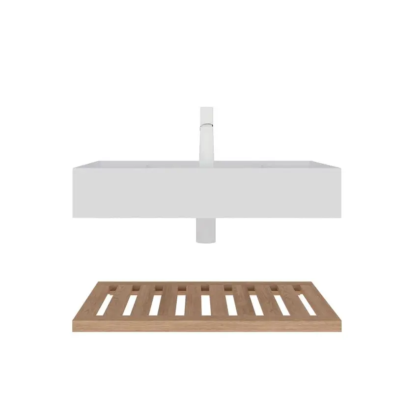 زينة حمام مقاس 30 بوصة مع حوض سفينة، حوض أكريليك أبيض عائم مثبت على الحائط، طبقة رف مخططة، حبيبات خشبية طبيعية