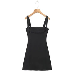 YENKYE 2023 Women Chest Embroidery Sling Sexy Dresses Vintage Black Sleeveless Female Party Mini Robe