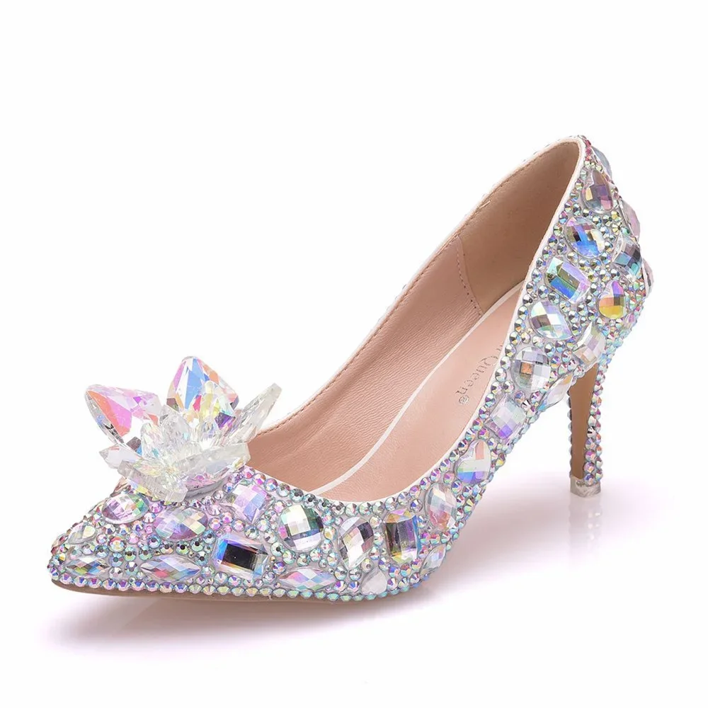 High Heels Wedding Women Shoes Diamond Pumps Cinderella Crystal Shoes Rhinestone Pointed Toe Glitter Party Silver  New Arrival