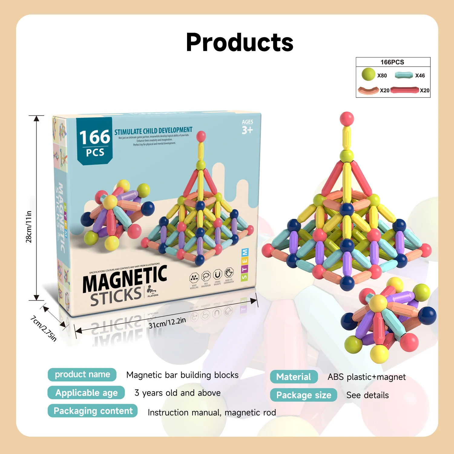 Blocos de Construção Magnéticos para Crianças, Magnetic Wands Starter Set, Classroom Essentials, Estrutura do edifício magnético, Cogni Toys