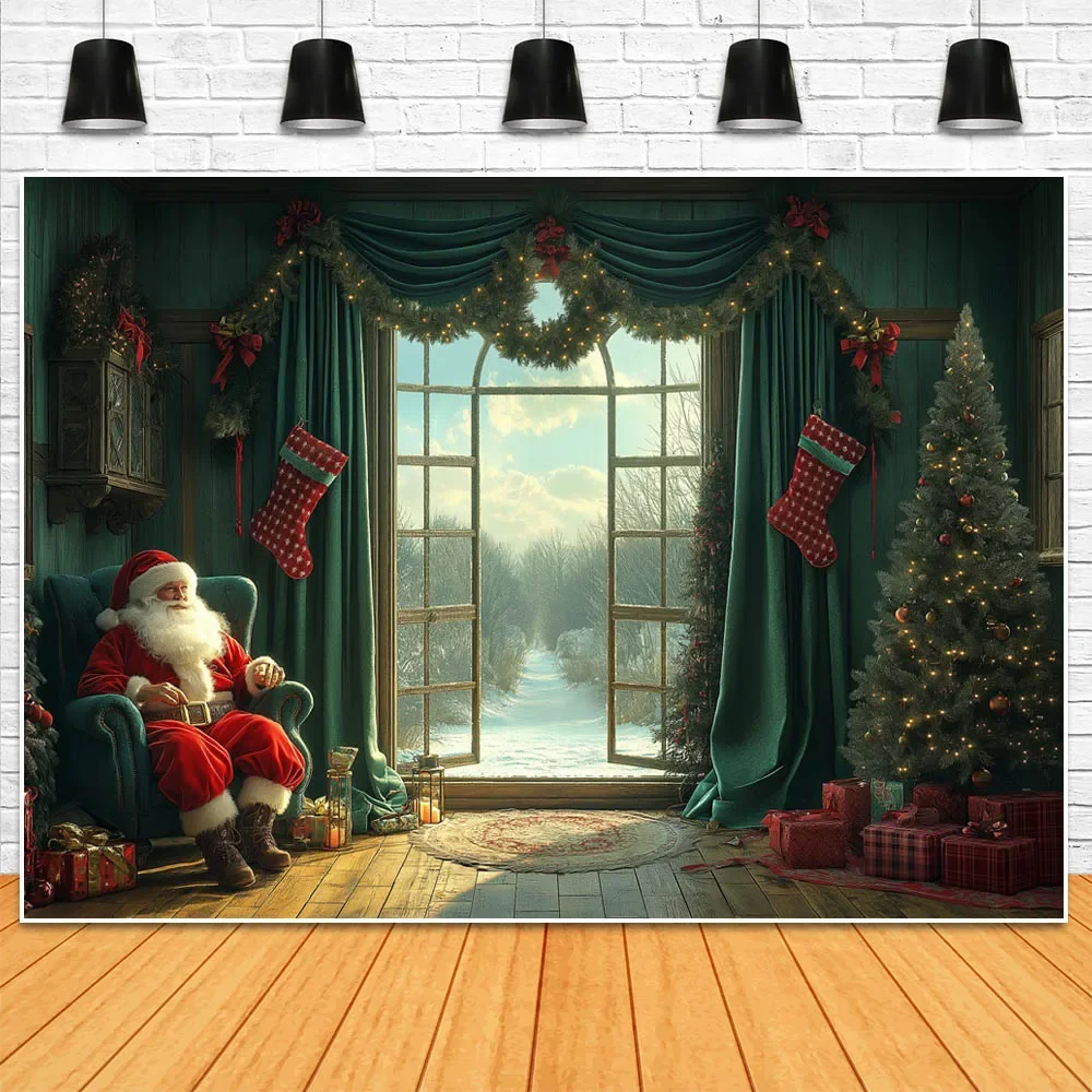 Mocsicka Christmas Photography Background Interior Santa Claus Xmas Tree Window Snow Scene Child Portrait Photo Backdrops Props