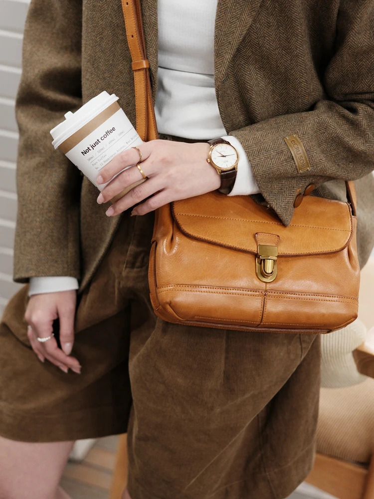 

Vintage designer handmade genuine leather ladies single shoulder bag outdoor casual daily real cowhide women's crossbody bag