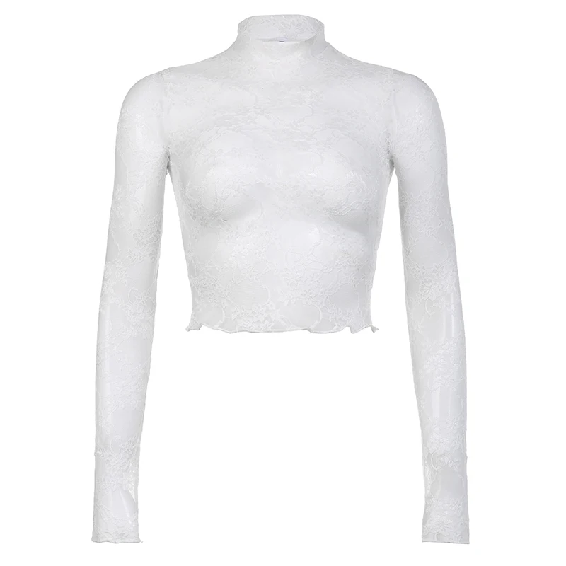 

New Chinese sexy see-through lace bottoming shirt slim and thin versatile turtleneck T-shirt