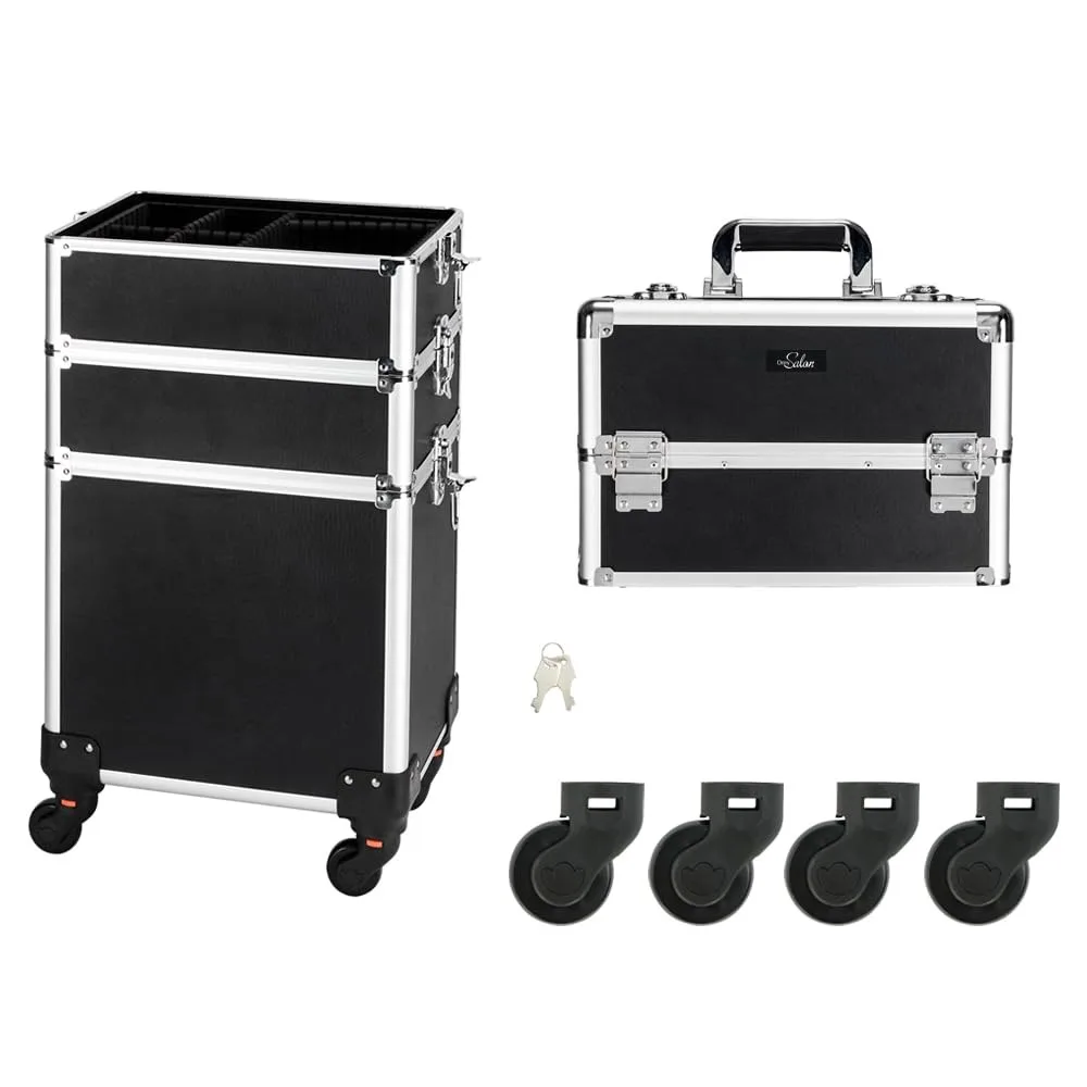 4 in 1 Rolling Makeup Train Case, Aluminum Makeup Travel Organizer Cosmetic Case, Cosmetology Display Suitcase on