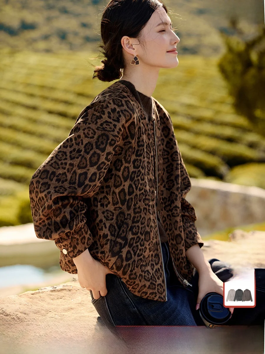 

XWI ort Suede Jaet Women's Casual Sle Leopard Print Autumn Winter New Faion Quilted Coat Straight Cut Regular Sve