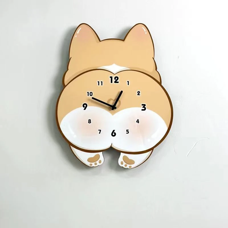 ABRE-Cartoon Dog Corgi ساعة هزازة للغرفة وغرفة النوم ساعة حائط صامتة لطيفة