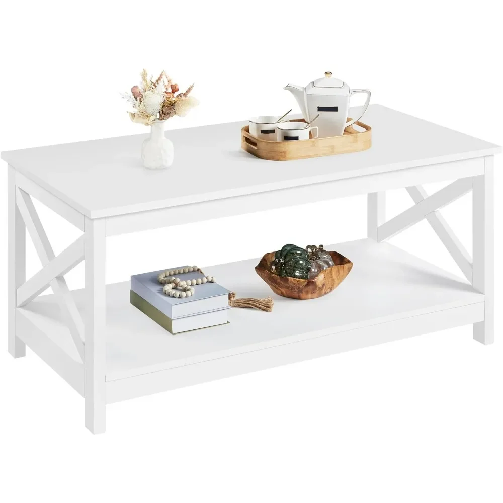 

Wood 2-Tier White Coffee Table with Storage Shelf for Living Room, X Design Accent Cocktail Table, Simple Design Home Furniture