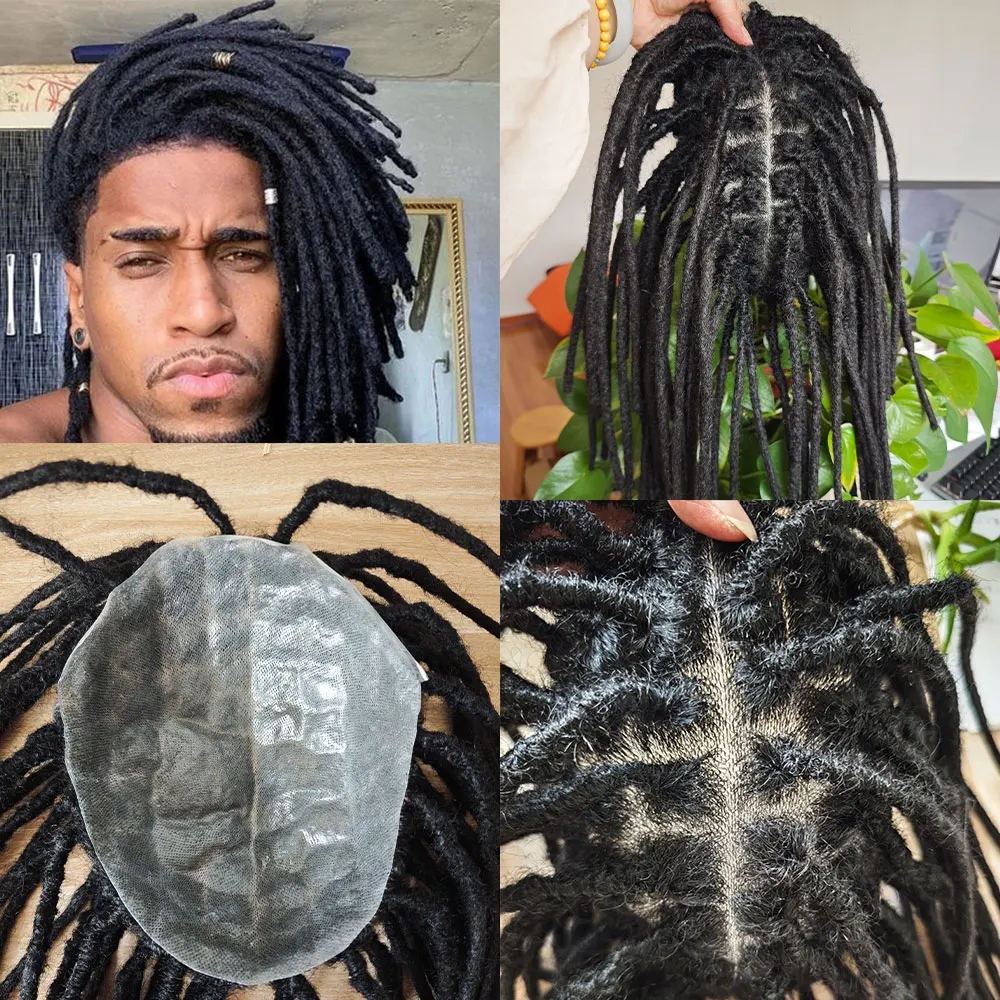 Thin Skin PU and Lace Toupee Wigs For Black Men Human Hair Topper Braided Wig Male 1B Dreadlock Hair Toupee Afro Wigs 8x10inch