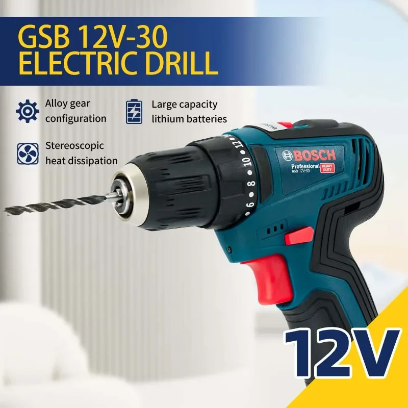 Bosch-GSB-12-V30 Professional Electric Drill, Cordless Driver, Heavy Duty, Multifunctional, Household, Screwdriver, DIY