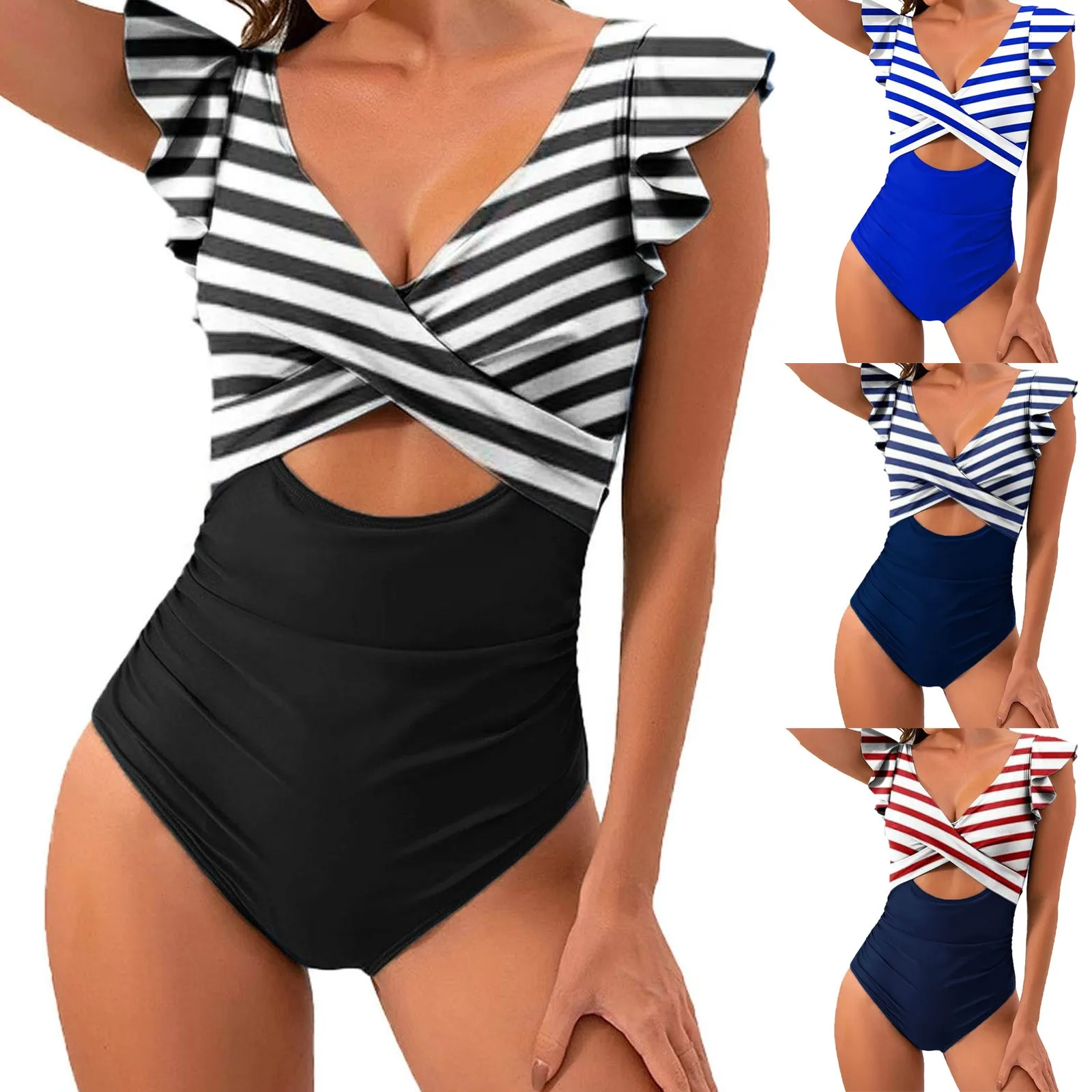 Women's Ruffled Swimsuits V Neck Cutout High Waisted Bathing Suit Vintage Swimwear Bodysuit For Women Hawaii