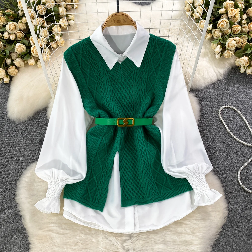 Tops Two Pieces Korean Version Knitted Vest Sleeveless Sweater + Lantern Sleeve Shirt Folded To Wear Women 2pcs Suits