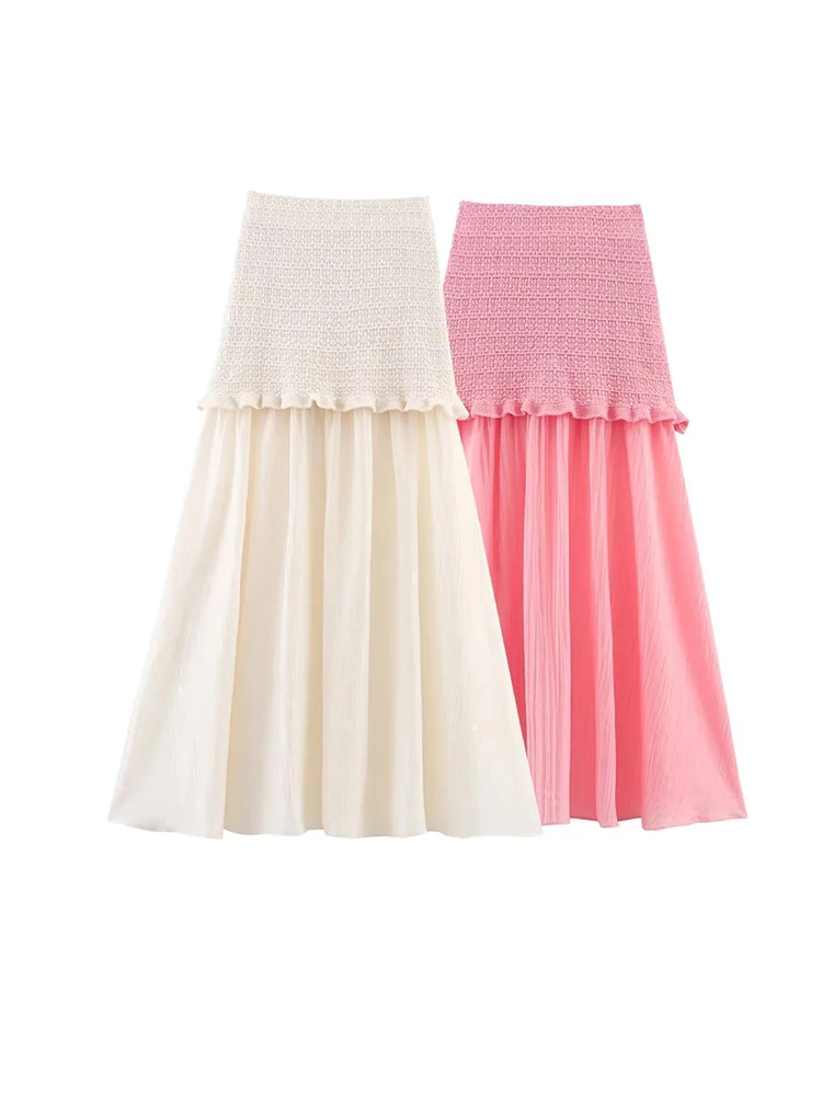 

Summer Knitted Spliced A-line Skirts Women High Waist Beige Pink Long Skirt