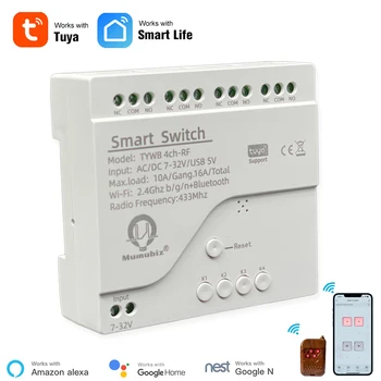 Tuya Smart 4 Channel WiFi RF Momentary Inching Relay Self-locking Switch Module, DIY WiFi Garage Door Controller, Din Rail Enclosure