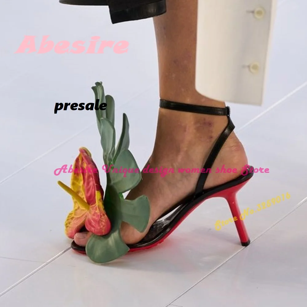 Anthurium Big Green Leaves Sandals Ankle Strap Square Toe Strange Style Women\'s Sandals 2023 New Design Runway Pre-sale Shoes