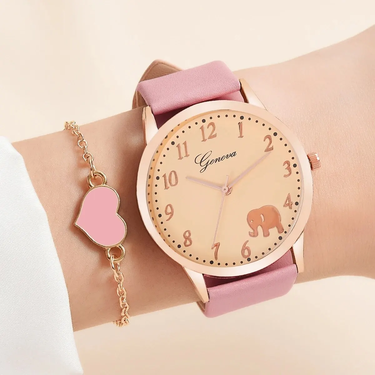 2PCS Ladies Fashion Simple Digital Elephant Leather Quartz Watch Ceramic Coffee Bracelet Love Pink Birthday Christmas Gift Set