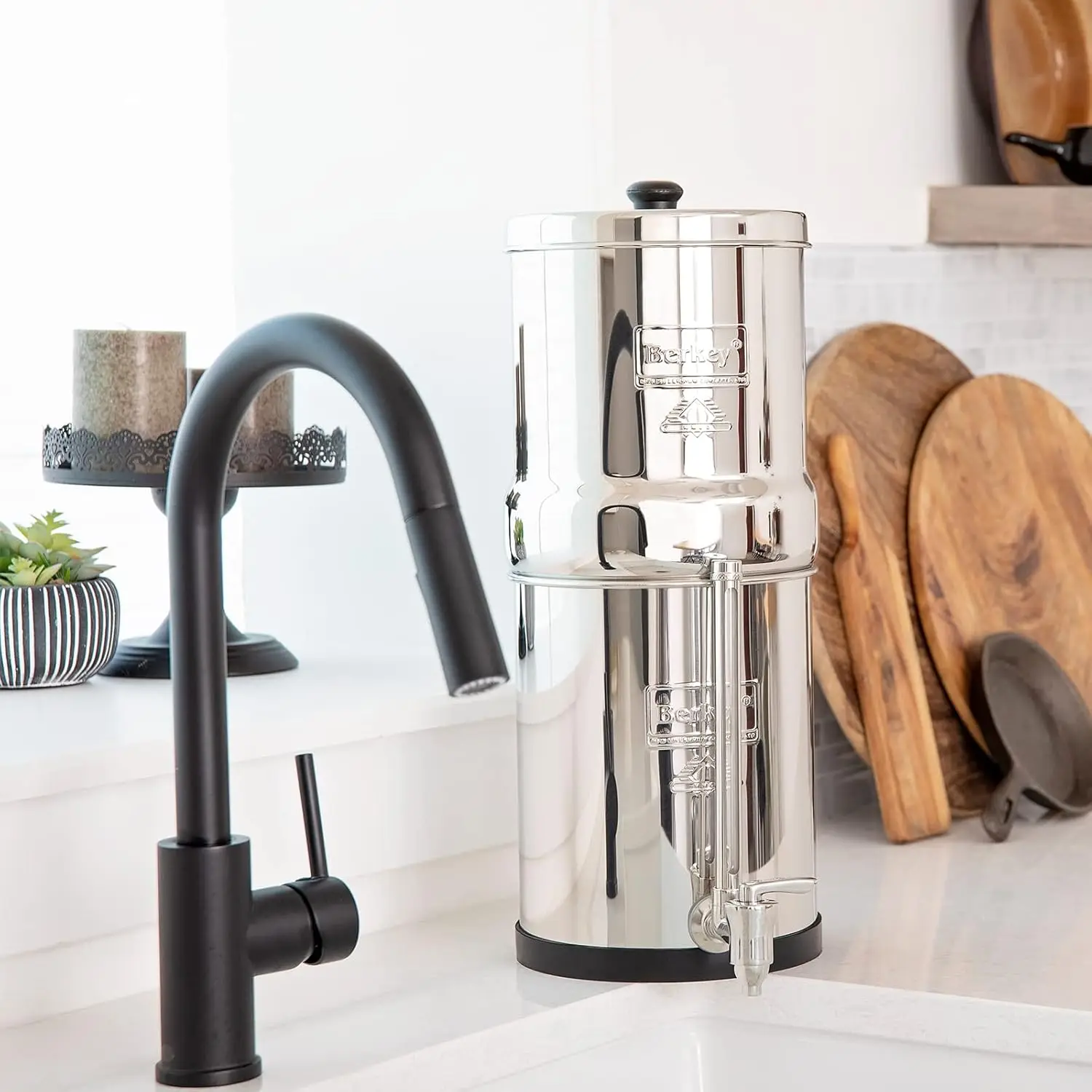 Travel Berkey Gravity-Fed Water Filter System with2 Black Berkey Elements Plus Deluxe 7"Stainless Steel Berkey Water View Spigot