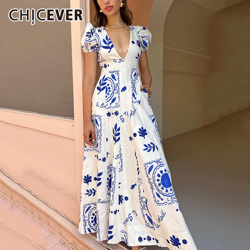 CHICEVER Hit Color Printed Long Dress For Women Deep Neck Puff Sleeve High Waist Pleated Holiday Casual Dresses Female Clothing