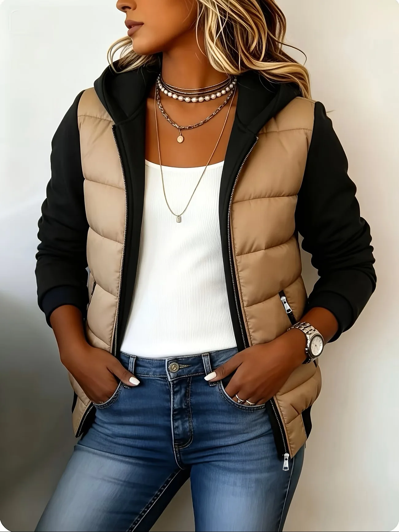 Women's Color Block Hooded Puffer Jacket -Quilted Zip Up Coat with Contrast Sweatshirt Sleeves, Casual Lightweight Winter Outer