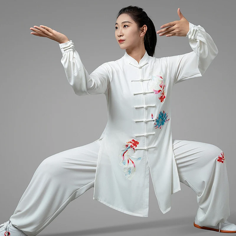 Custom Women's White Embroidered Koi Tai Chi Suit - Double Silk Hemp Spring Summer High-End Baduanjin Practice Uniform for Men