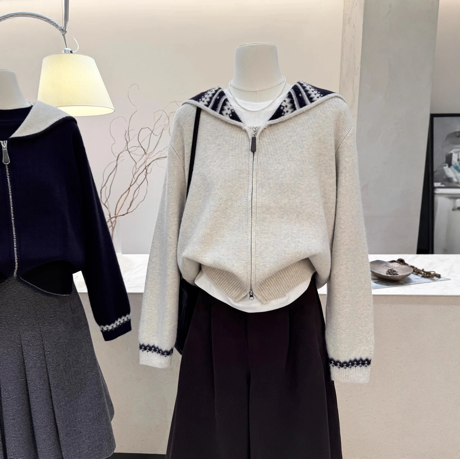 

Korean ey Zipper Navy Collar Thiened Open Cardigan Sweater Women's Autumn Winter Outerwear Fufu Knitted Top