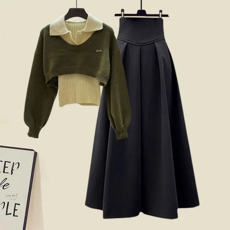 Spring and Autumn Season Set Women\'s New Korean Fashion Age Reducing Sweater Bottom Half Skirt Three Piece Set Trendy