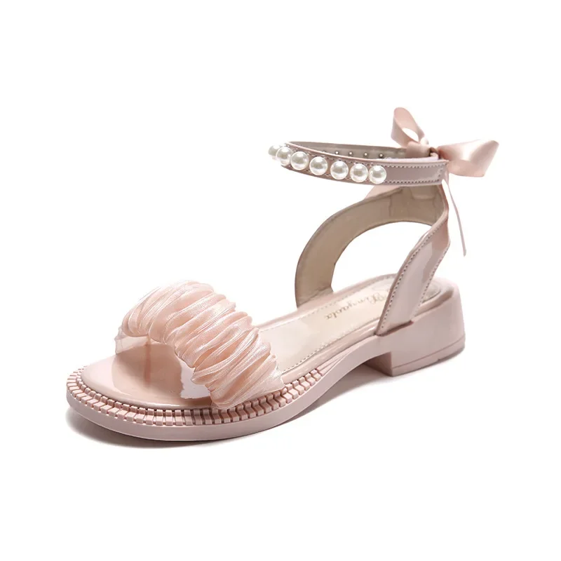 Little Girl Sandal Summer Elegant Children Princess Pearl Roman Sandals Fashion Sweet Bowtie Kids Causal Flat Open-toe Sandals