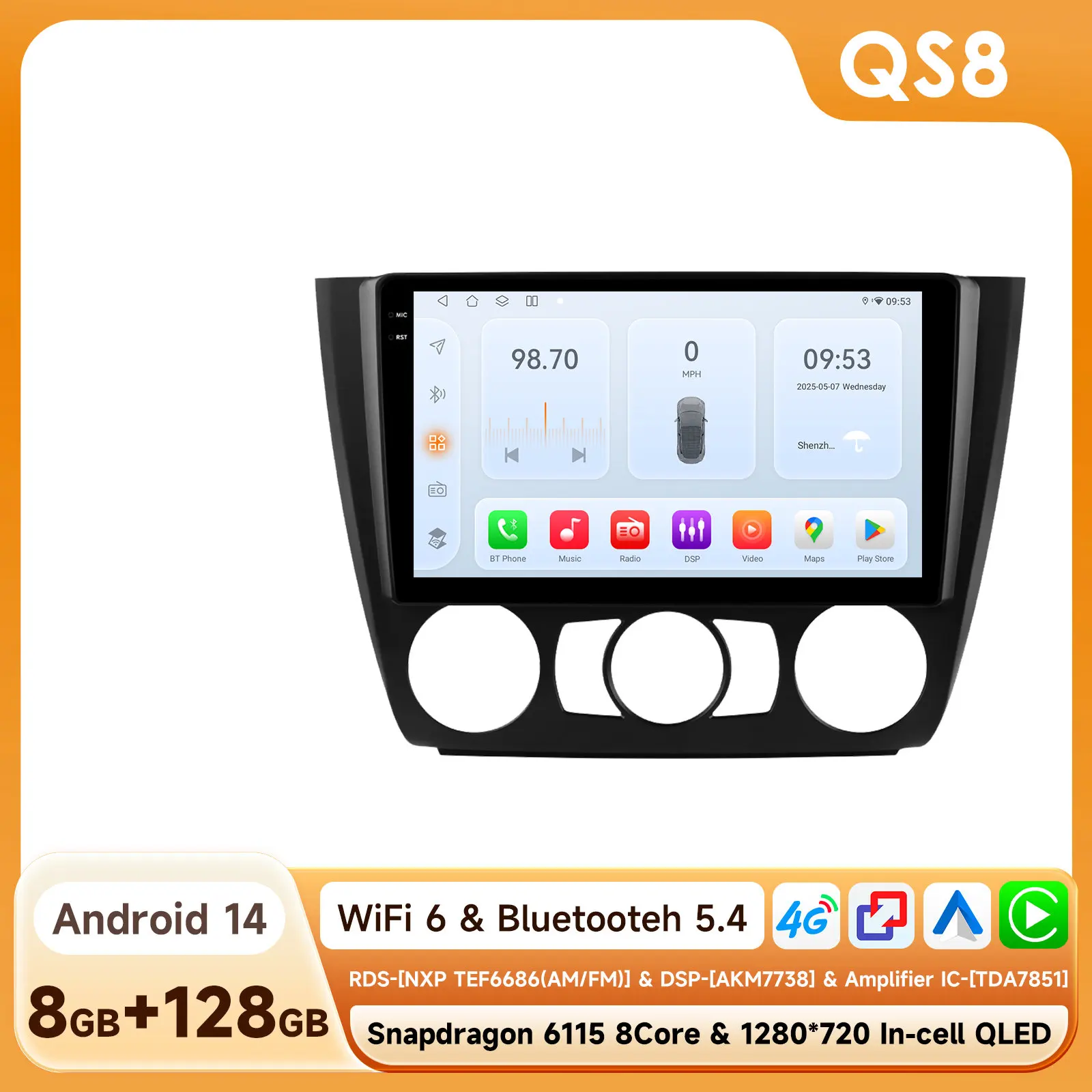 Android 14 Autoradio Voor BMW 1-Serie E87 E81 E82 E88 2004-2011 Auto Multimedia GPS Carplay 4G DSP BT 360 Camera Door Snapdragon6115 - afbeelding 1