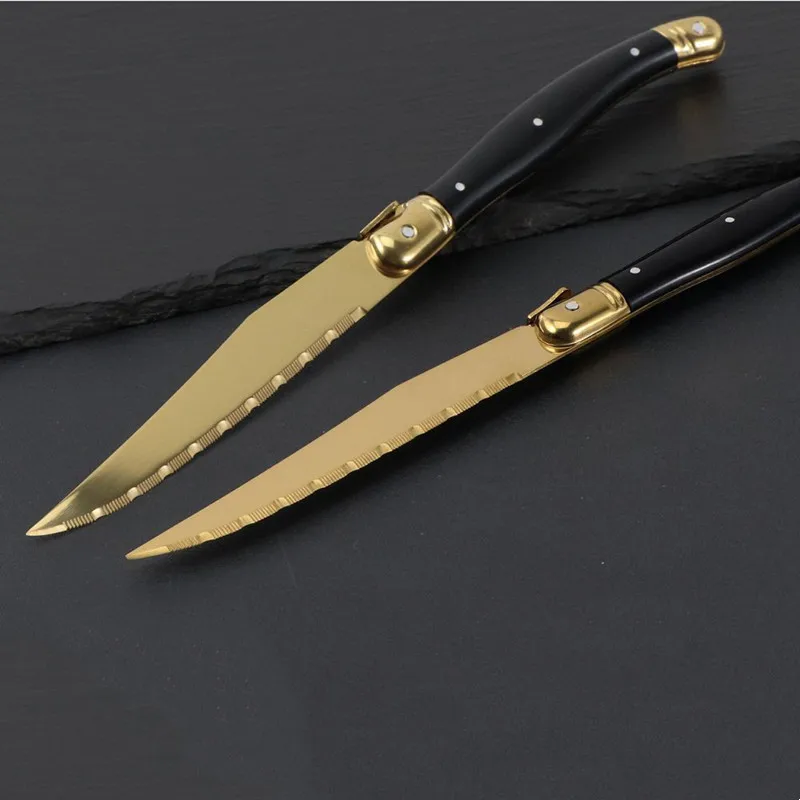 4-12pcs Laguiole Steak Knives Set Titanium Gold Plating Sharp Knives Serrated Head Black Golden Dinner Knifes