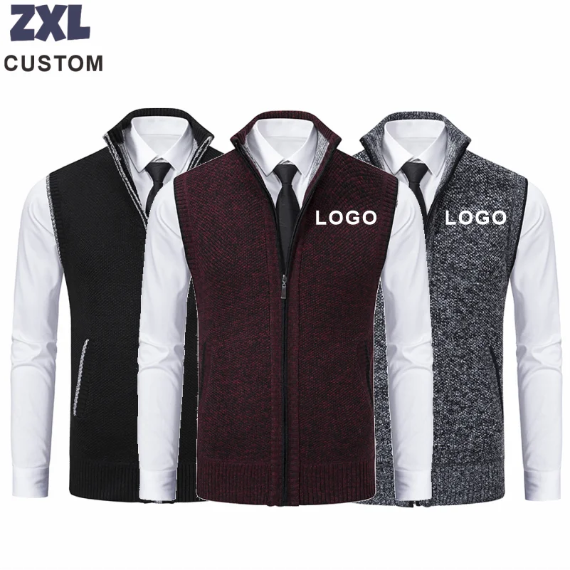 Men's Vest Knitted Sleeveless Sweater Velvet Zipper Cardigan Stand Collar Pullovers Sweatercoat Knit Waistcoat Custom Logo Print