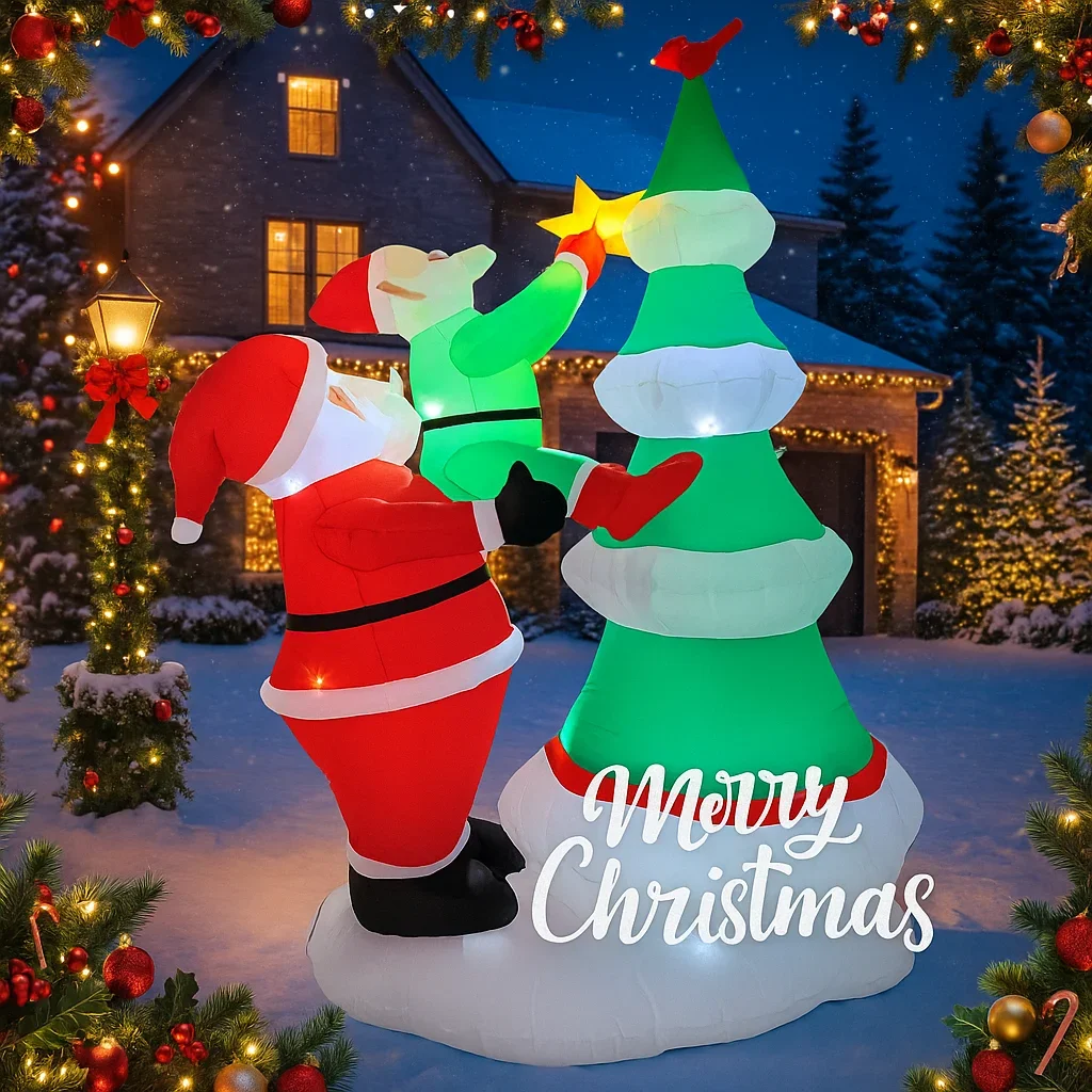 7.87FT LED Lit Inflatable Toy Santa Claus Elf Star Tree Christmas Yard Ornament Xmas Supplies Home Decoration Festive Gift