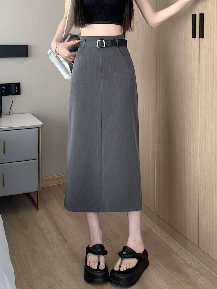 Gray Asymmetrical High Waist Suit Style Chiffon Skirt Women's Summer Mid-Length A-Line Skirt Design Hip Covering Body Contour