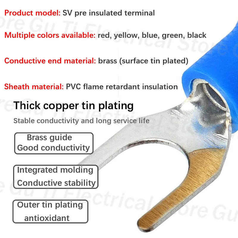 30-100 PCS SV Terminal U-Shaped 1.25/2/3.5/5.5 Series Insulated Fork Type Cable Terminal Connectors, Electrical Crimping Flat