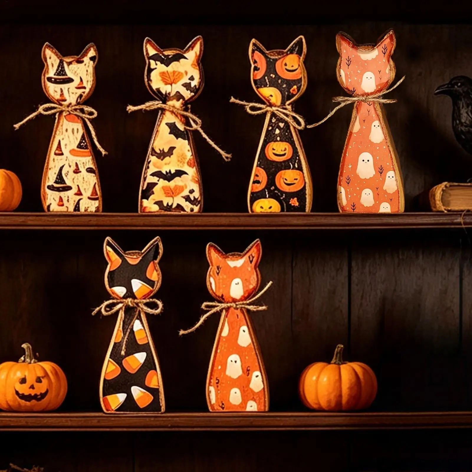 Wooden Halloween Cat Figurines 5 Pieces Double-Sided Self Standing Vintage Farmhouse Wood Cat Figurine Set Decorations For Home