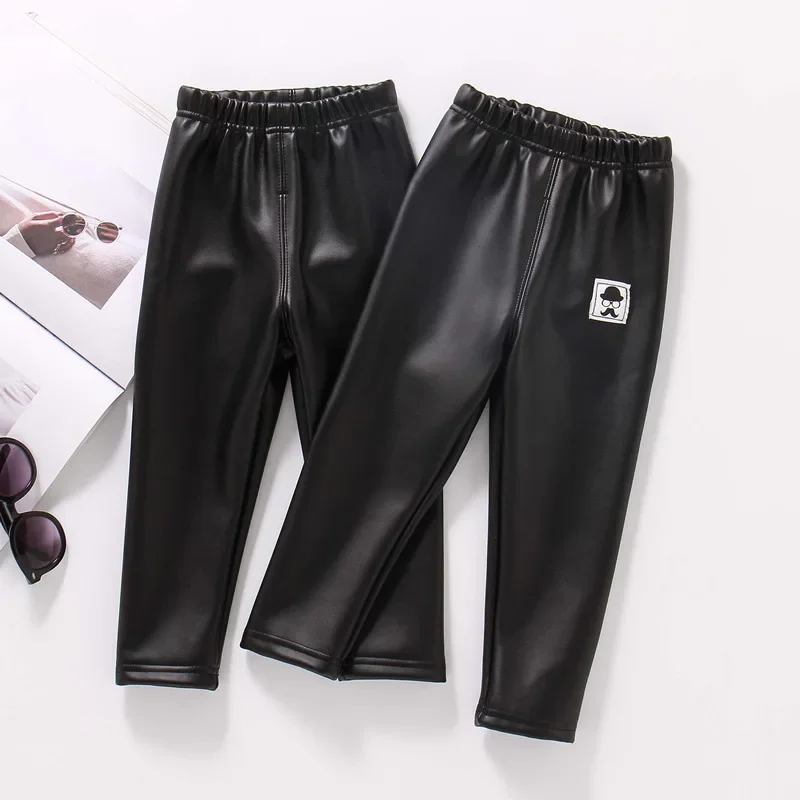 Autumn Winter PU Faux Leather Pants Kid Girls Fleece Fashion Imitation Leather Pants For Boy Children Warm Kids Leather Trousers