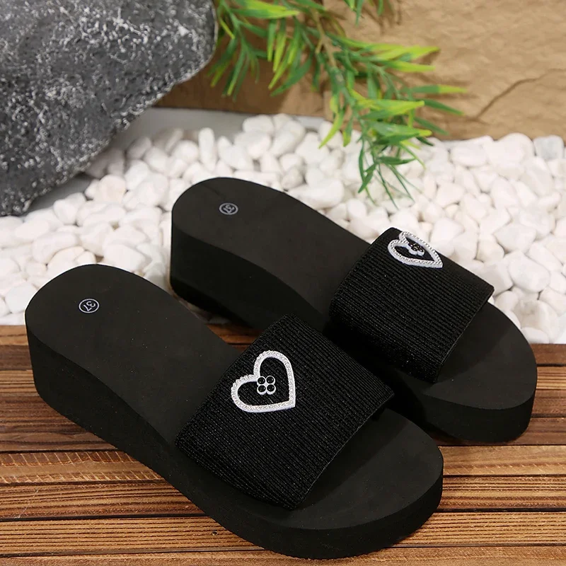 Shiny Heart Shape Rhinestone Black Slippers Women Fashion Elastic Band Platform Slides Female New Style Med Heel Slippers Female view 6
