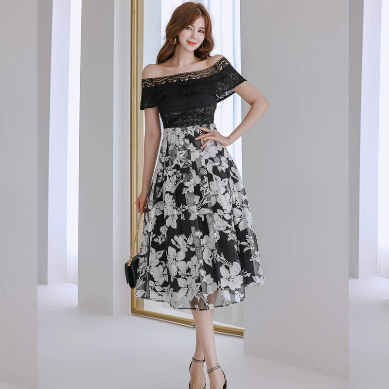 Autumn Off Shoulder Midi Dress New Korean Fashion Women Slash Neck Ruffles Lace Patchowork Organza Flower Print Party Vestidos