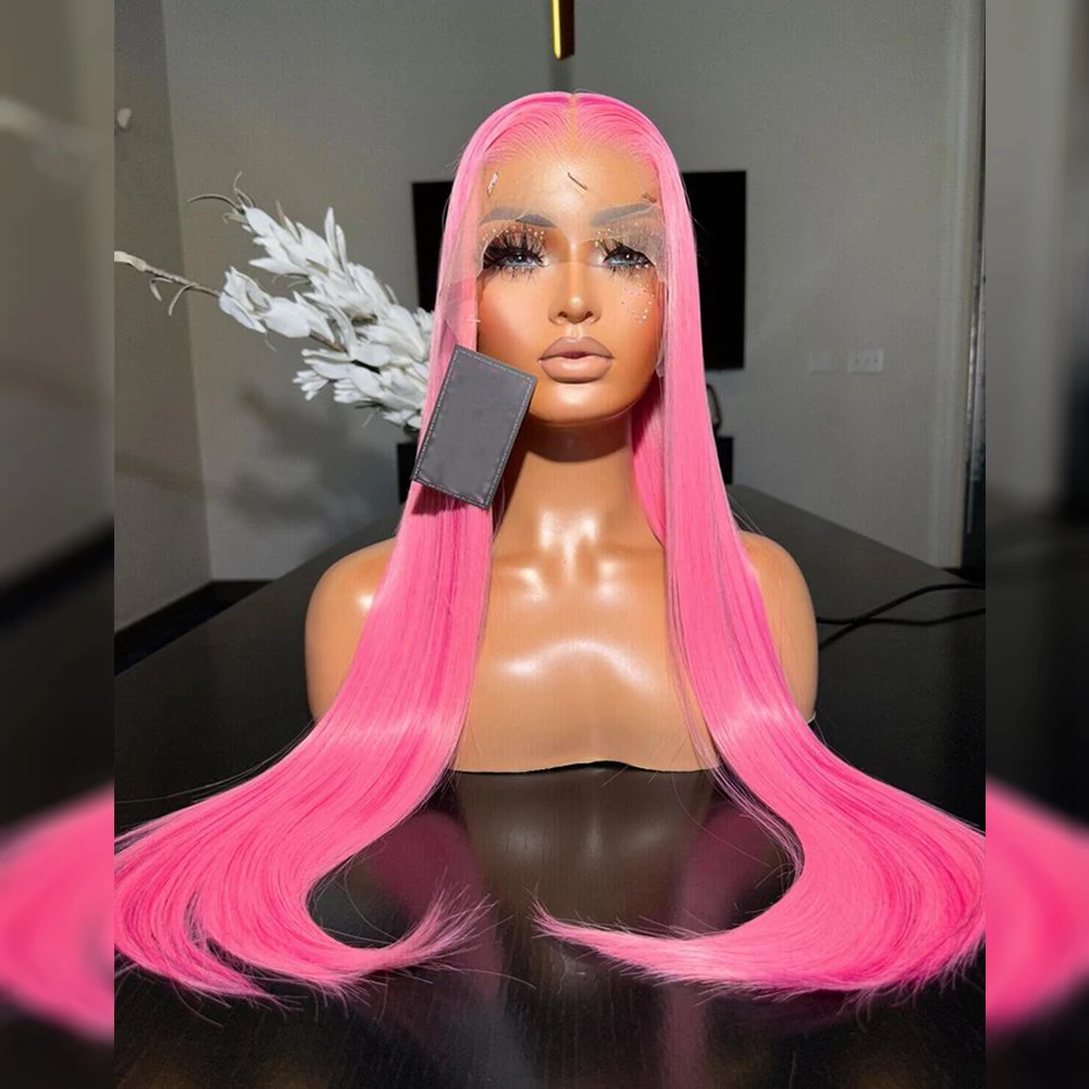 AIMEYA Pink Lace Wig Long Silky Straight Synthetic Lace Front Wigs for Women Heat Resistant Synthetic Hair Daily Use Cosplay