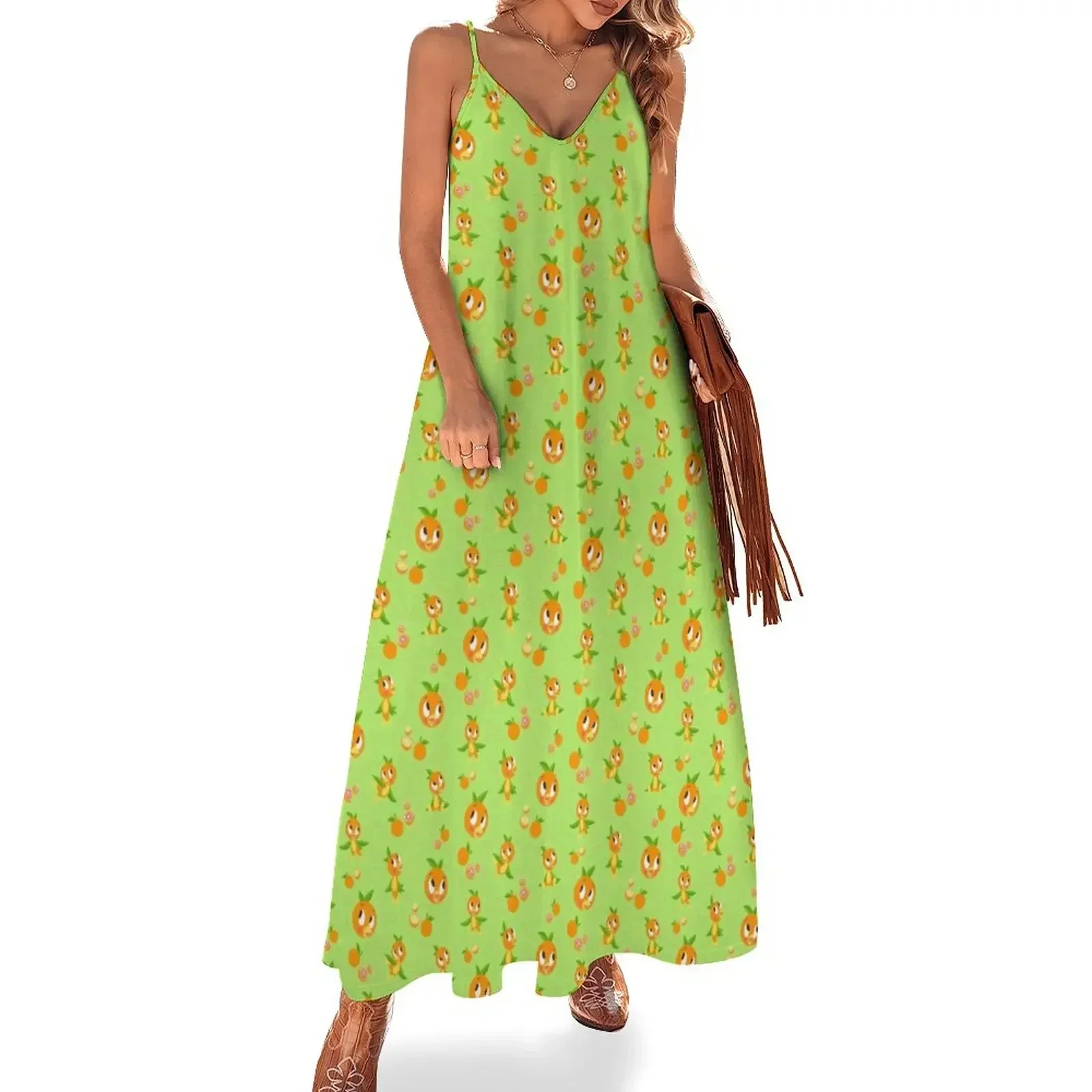 

Hello Sunshine! - Orange Bird (green background) Sleeveless Dress evening dress women evening dress