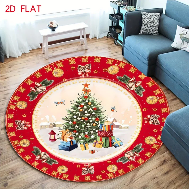 Xmas Round Floor Mat Snowy Village Pine Tree Design Soft Area Rug Home Decor for Christmas Holiday Gathering
