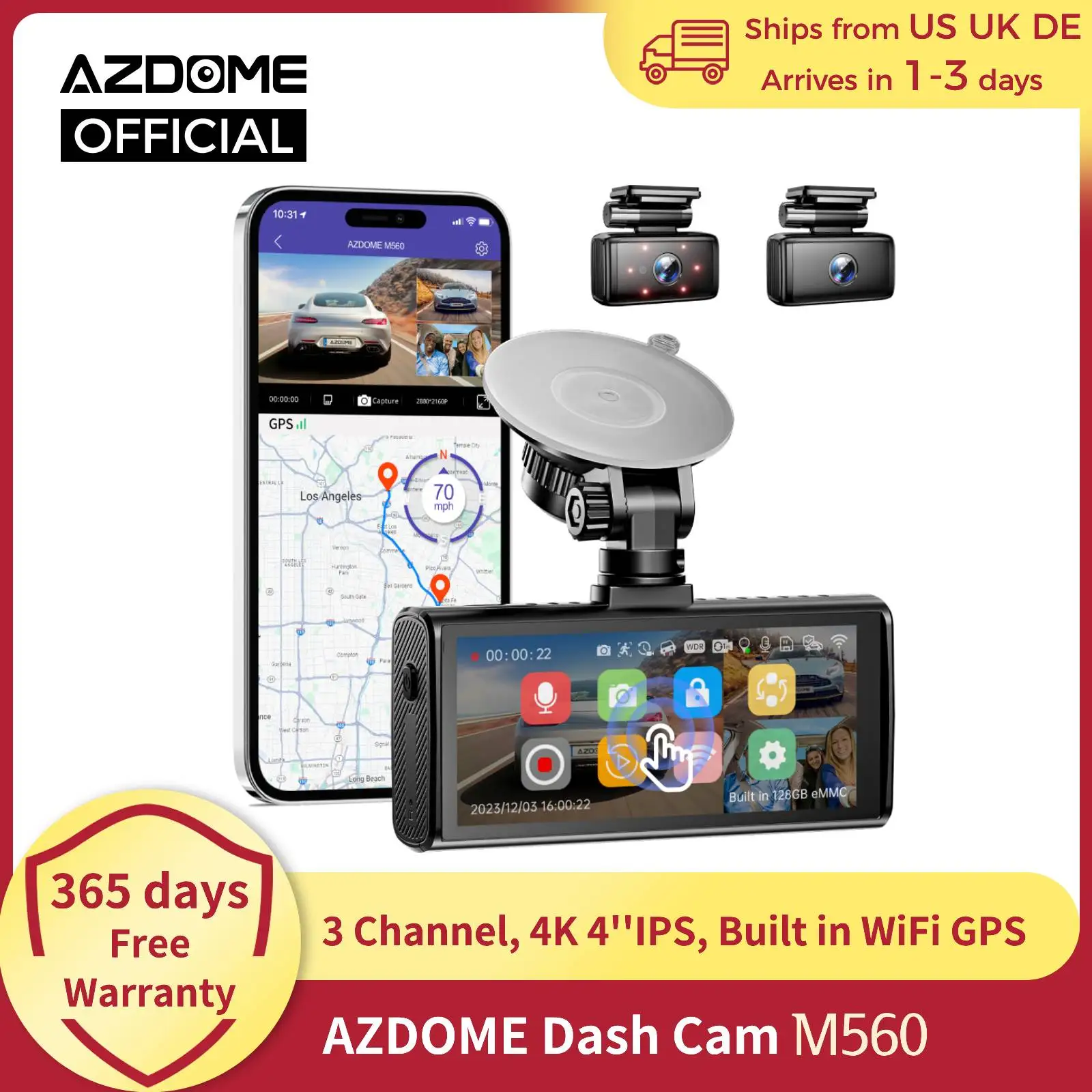 AZDOME Dash Cam for Cars M560 3 Channel Car DVR 4K 4” IPS Touch Screen Built in 128GB eMMC Storage With WiFi Dashcam GPS 블랙박스