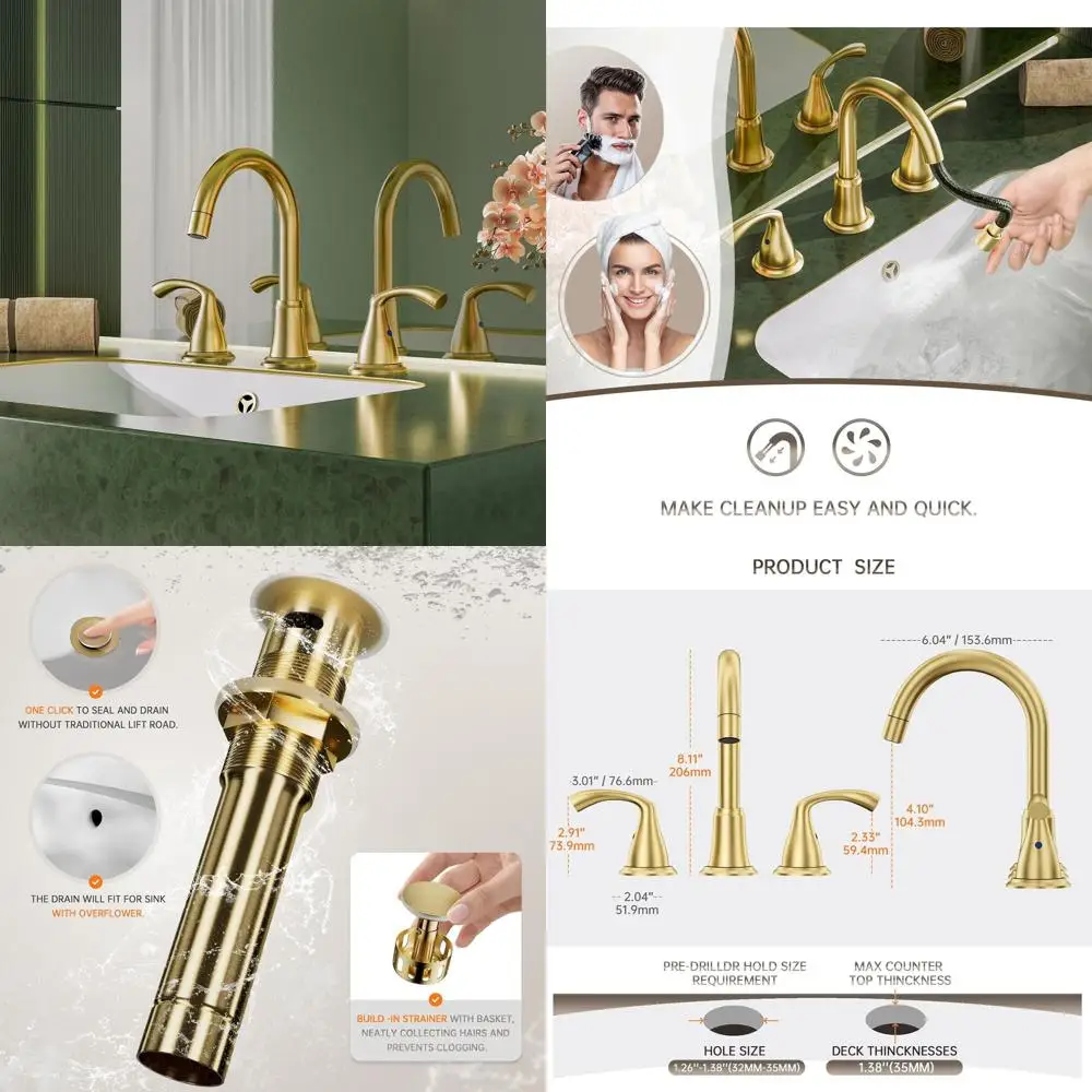 

8 Widespread Brushed Gold Farmhouse Bathroom Faucet with 3-Hole, Pull-Out Spray, Lead-Free Stainless Steel, Metal Pop-Up Drain,