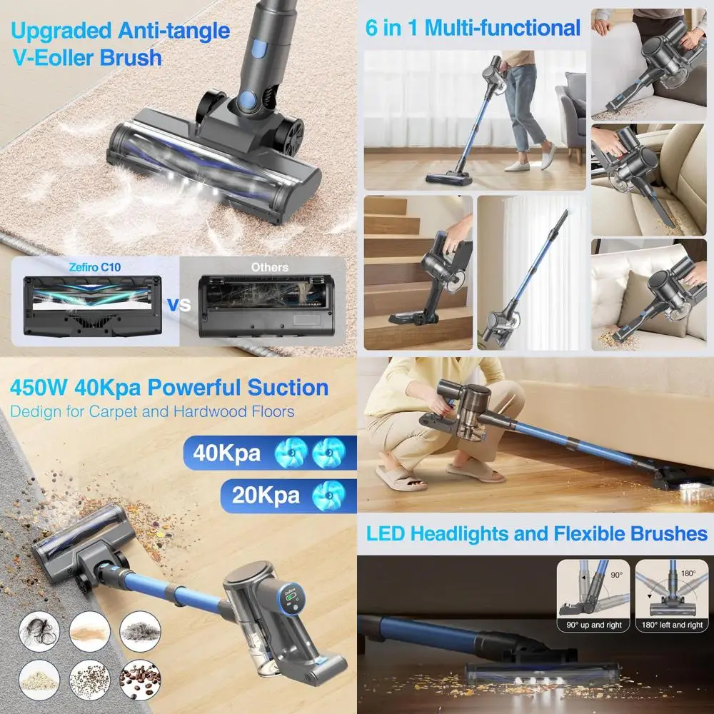 

Wireless 450W 40Kpa Stick Vacuum Cleaner, 50 Min Runtime, 1.5L Dust Cup, Pet Hair & Carpet Friendly