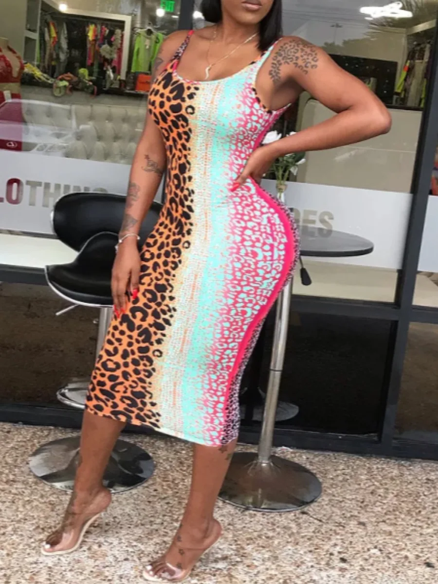 

LW Gradient Leopard Print Bodycon Cami Dress Bandage Design Multicolor Summer Overalls Sleevess Sexy Stretchy U Neck Vestidos