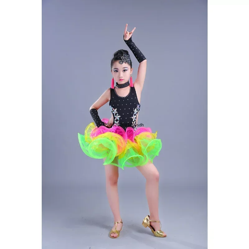 Children Jazz Latin Dance wear Costumes Girls Sequined Ballroom Dancing dress Kids salsa Latin dance Outfits Performance