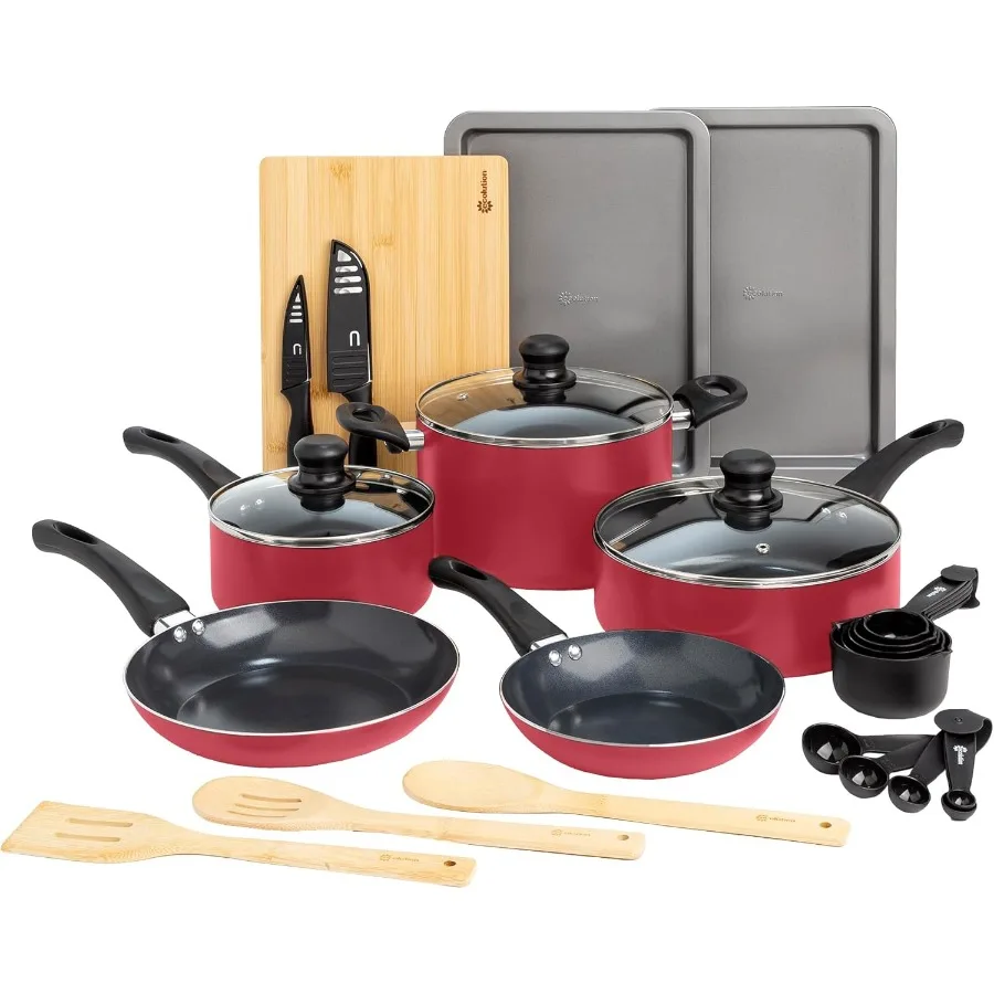 

26Piece Red Ceramic Nonstick Cookware Set with Dishwasher Safe Pots and Pans for Easy Cleanup Comfort Grip Handles Even Heating