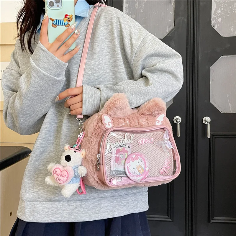 Plush Cat Womens Backpack Fluffy Cute Casual Transparent Ita Pouch Fashion Kawaii Jk Style Pu Bagbag Anime Double Shoulder Pouch